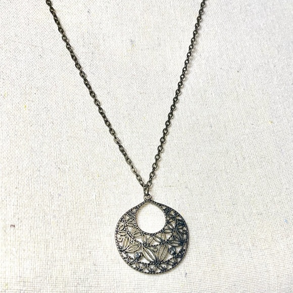 5/$20 Boho Brass filigree necklace, with small crystal detail, gently worn - Picture 6 of 6